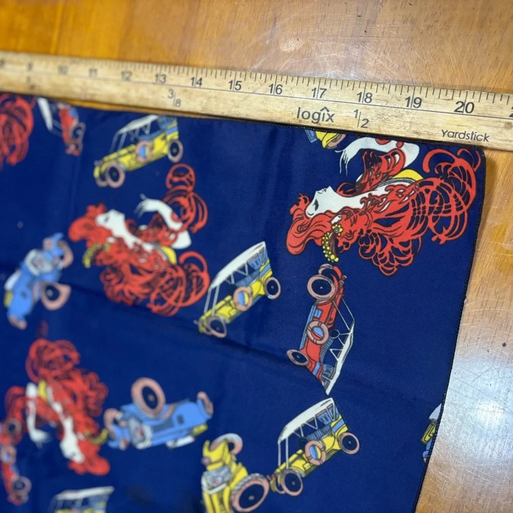 blue silk head scarf antique red and yellow cars and red-haired women